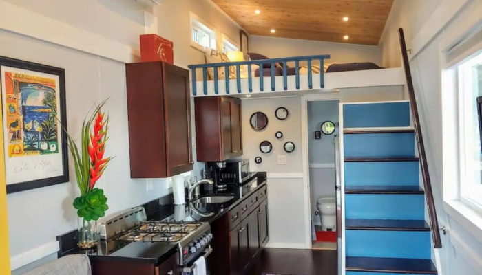 Blue Heron lakefront Tiny House rental Kitchen Loft areas Blue Heron lakefront Tiny House rental Kitchen Loft areas