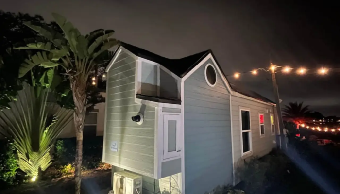 The Breeze Tiny House Rental side view at night The Breeze Tiny House Rental side view at night
