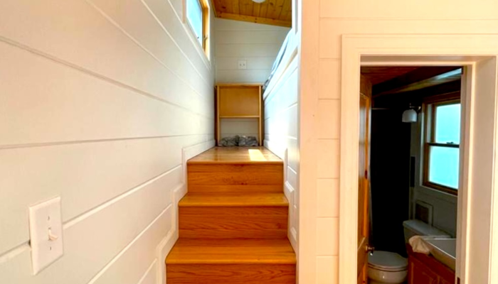 Tiny Town Orlando Dragonfly tiny house rental loft stairs Tiny Town Orlando Dragonfly tiny house rental loft stairs
