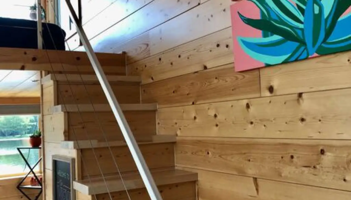The View Tiny House Rental Stairs to Master Loft Bed The View Tiny House Rental Stairs to Master Loft Bed