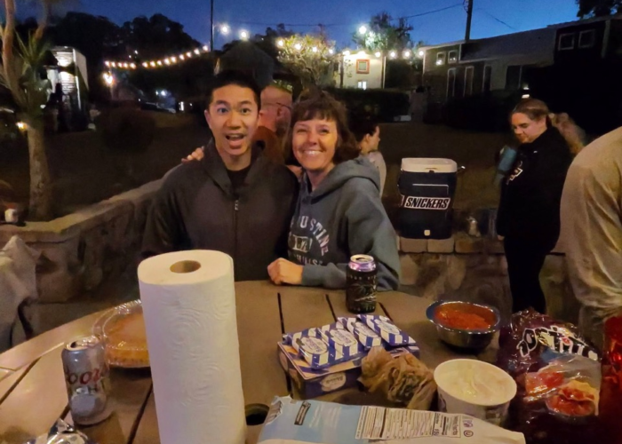 Tiny house community residents enjoying a lakeside Super Bowl evening at Lake Fairview Tiny house community residents enjoying a lakeside Super Bowl evening at Lake Fairview