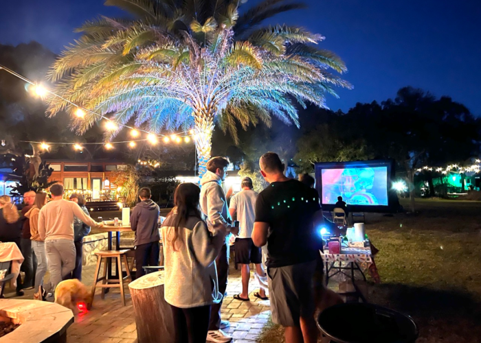 Outdoor movie screen set up for Super Bowl watch party at Tiny Town Orlando Outdoor movie screen set up for Super Bowl watch party at Tiny Town Orlando