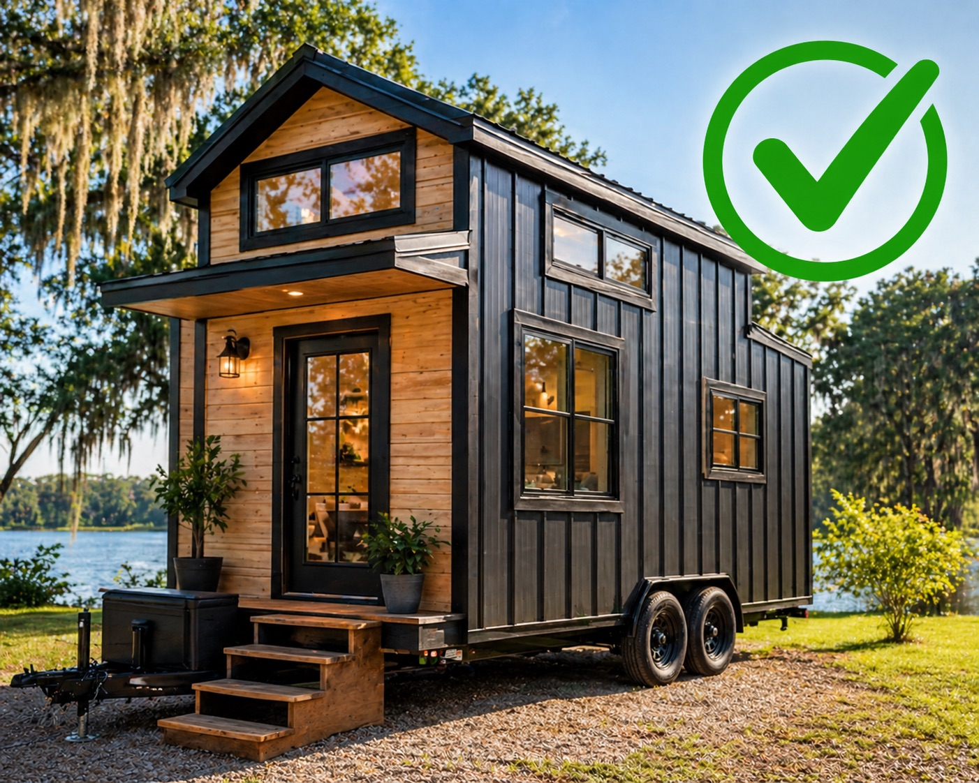 Tiny house on wheels (THOW) in Orlando Florida with green check mark showing approved legal tiny home living